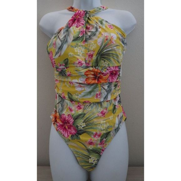 Bleu Rod Beattie Sz 12 Canary Gold Paradiso High Neck One-Piece Swimsuit $119 - Picture 1 of 13